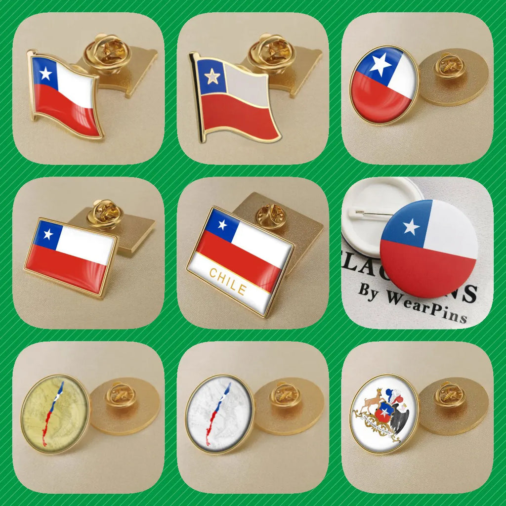 Broches de flores con emblema de bandera de mapa de Chile, insignias, alfileres de solapa