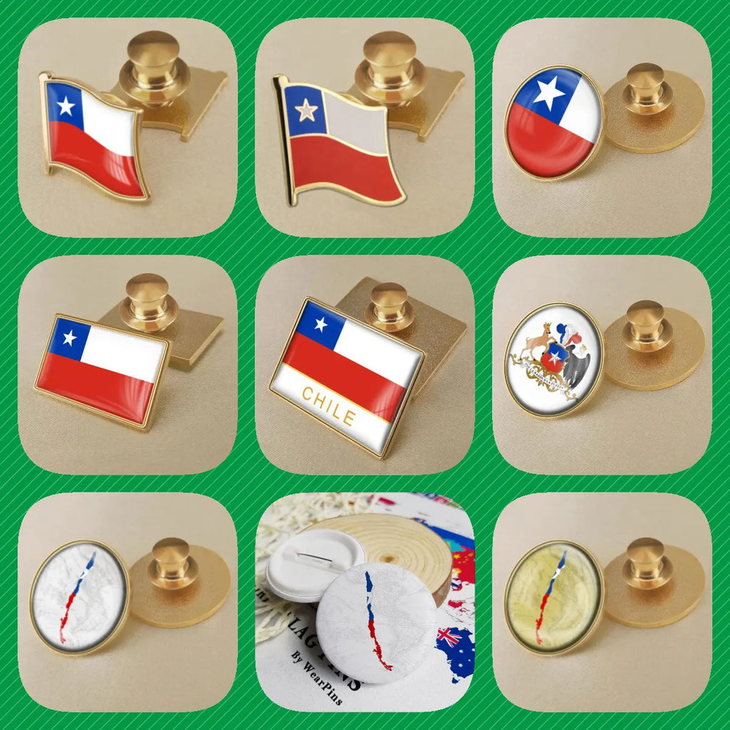 Broches de flores con emblema de bandera de mapa de Chile, insignias, alfileres de solapa