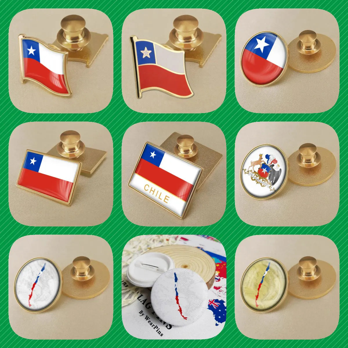 Broches de flores con emblema de bandera de mapa de Chile, insignias, alfileres de solapa