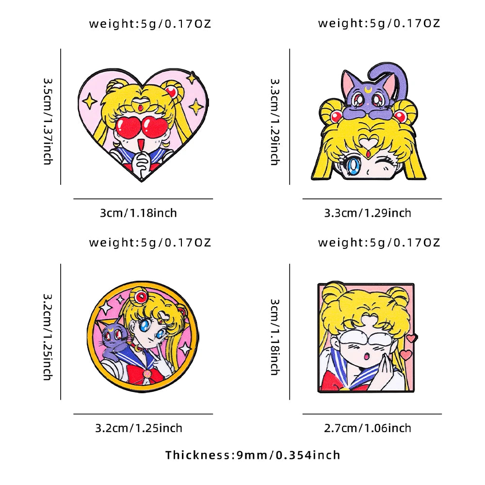 4 Broches de Esmalte con Forma de Corazón de Sailor Moon, Insignias Metálicas Creativas de Dibujos Animados para Mochilas, Ropa, Joyería, Regalo Festivo