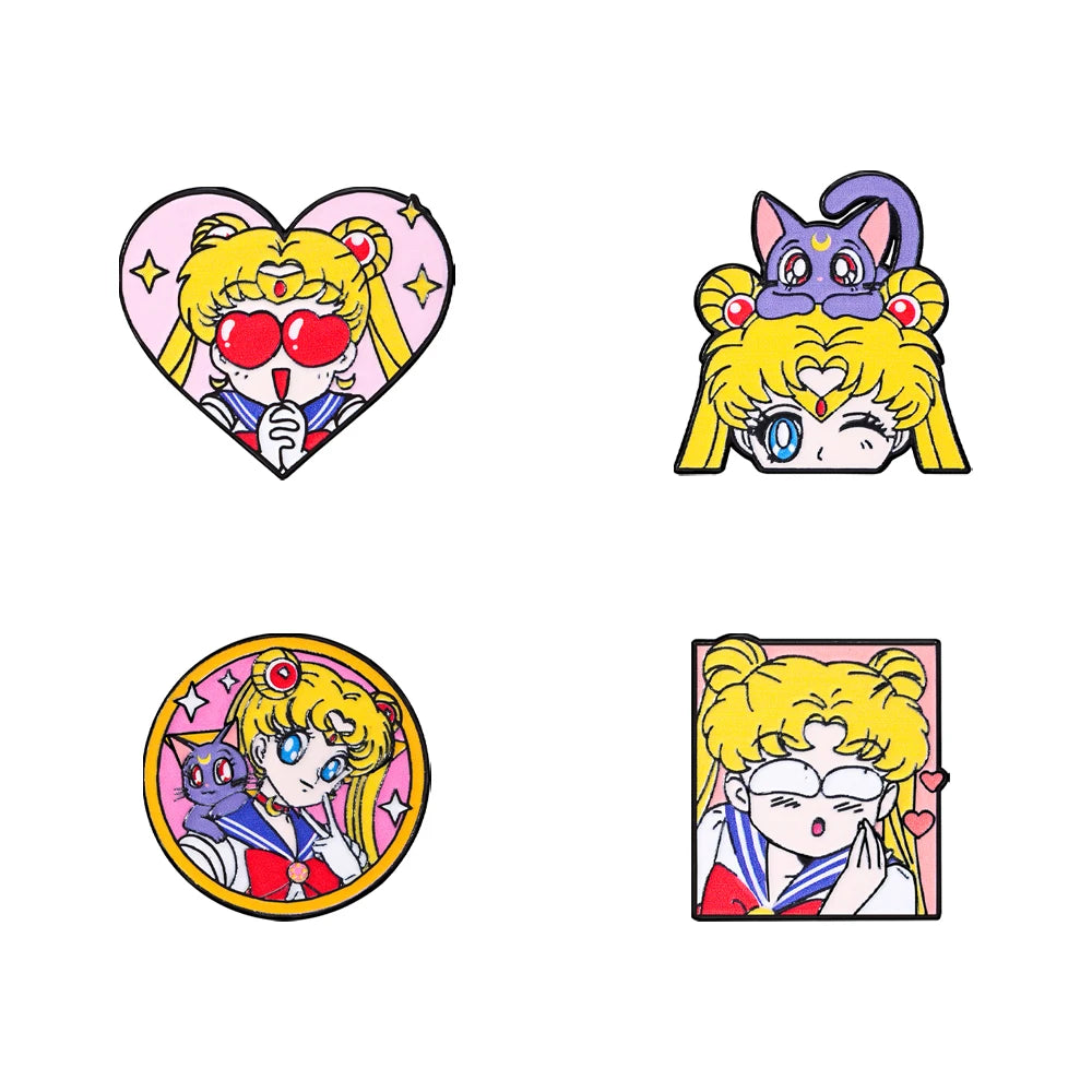 4 Broches de Esmalte con Forma de Corazón de Sailor Moon, Insignias Metálicas Creativas de Dibujos Animados para Mochilas, Ropa, Joyería, Regalo Festivo