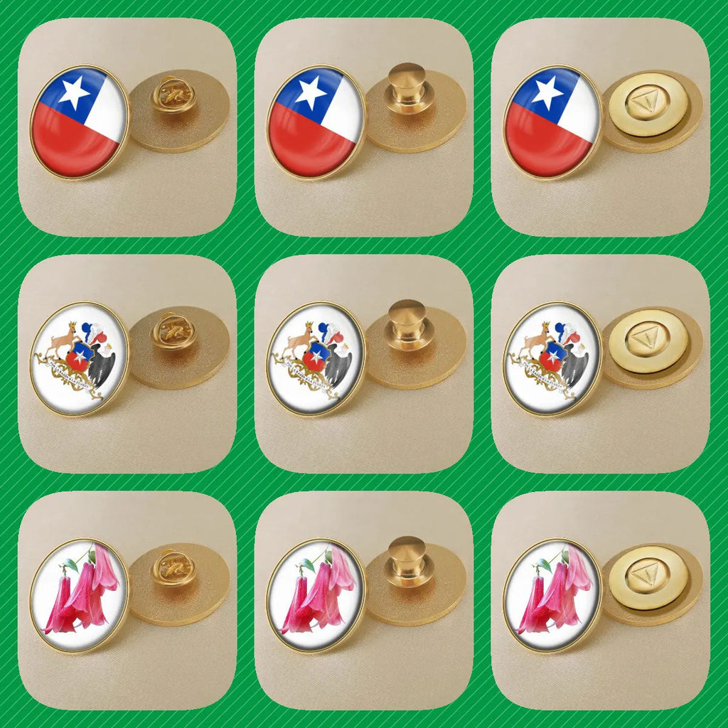 Broches de flores con emblema de bandera de mapa de Chile, insignias, alfileres de solapa