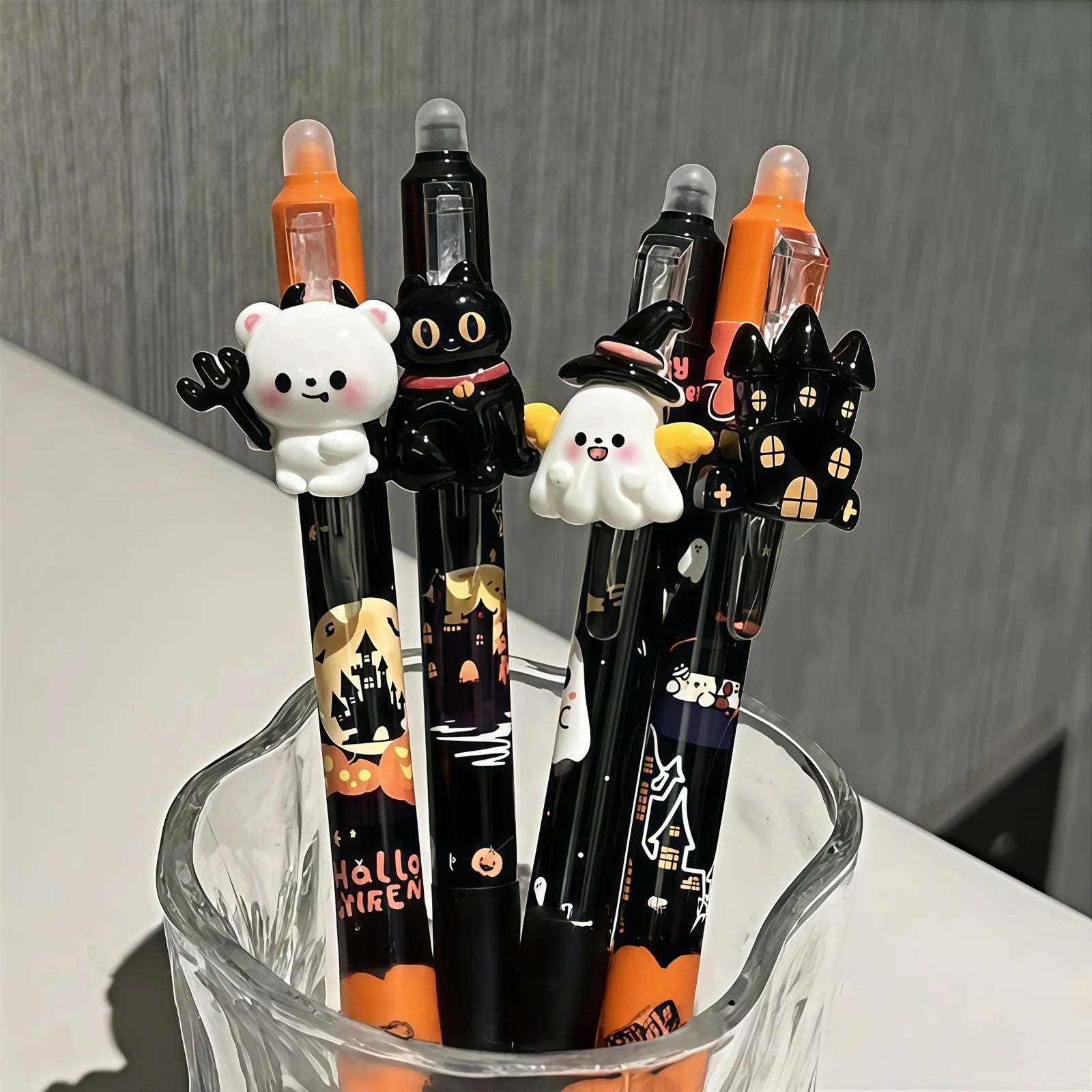 4 bolígrafos de tinta borrable de estilo oscuro para Halloween, divertidos, con decoración tridimensional, para firmar, para estudiantes, para hacer tareas escolares y practicar.