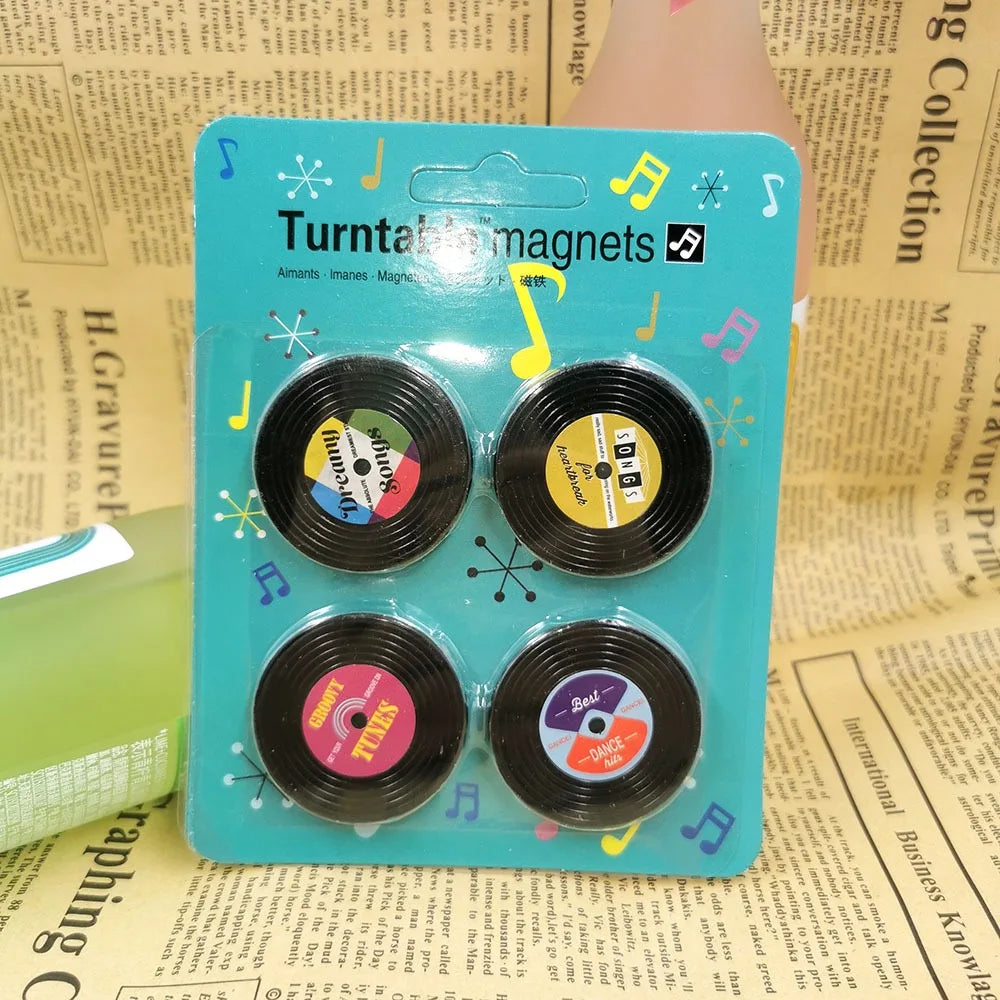 Paquete de 4 Imanes Creativos para Refrigerador con Forma de Disco de Gramófono, Tablero de Mensajes, Recordatorio, Adhesivo para Refrigerador, Decoración para el Hogar y la Cocina