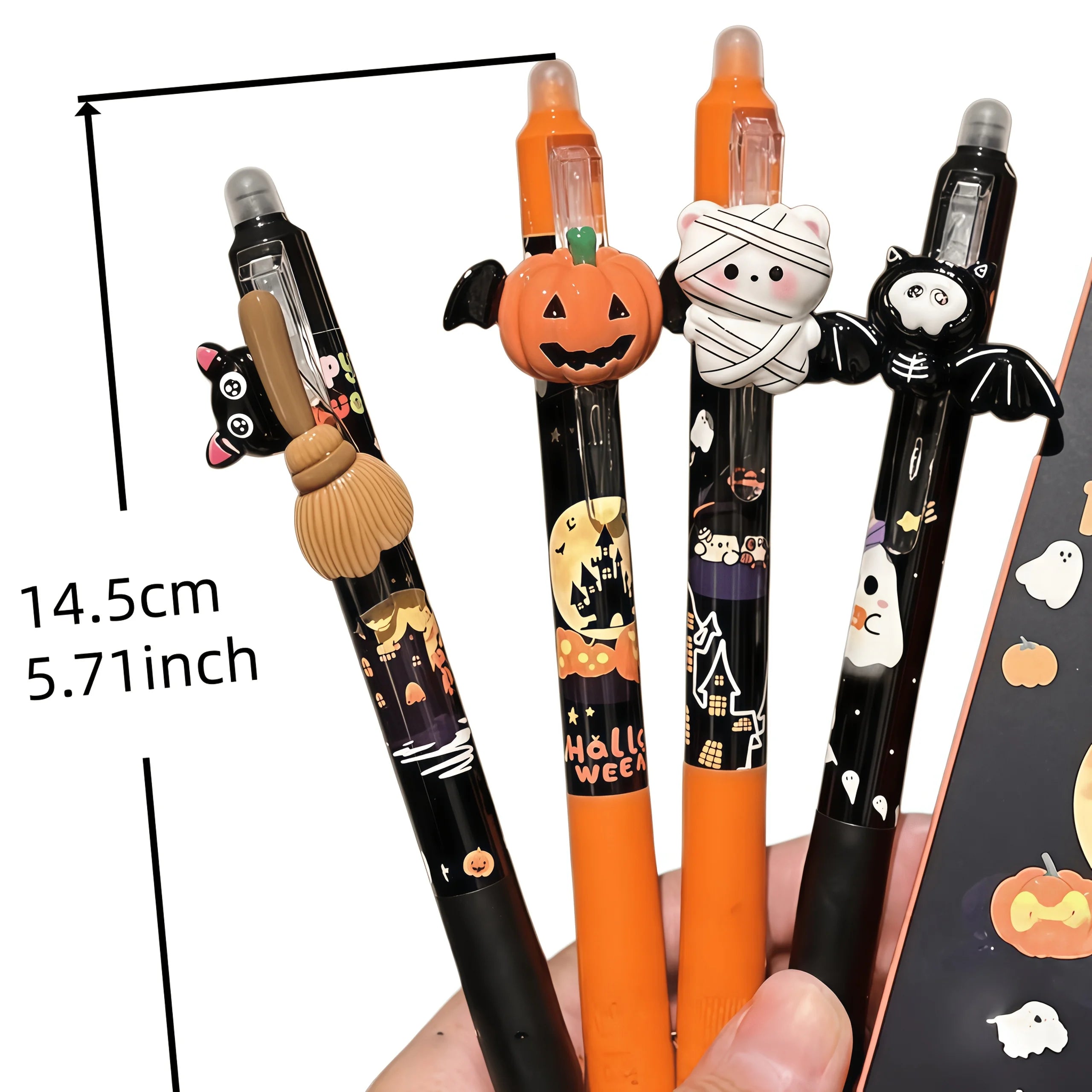 4 bolígrafos de tinta borrable de estilo oscuro para Halloween, divertidos, con decoración tridimensional, para firmar, para estudiantes, para hacer tareas escolares y practicar.