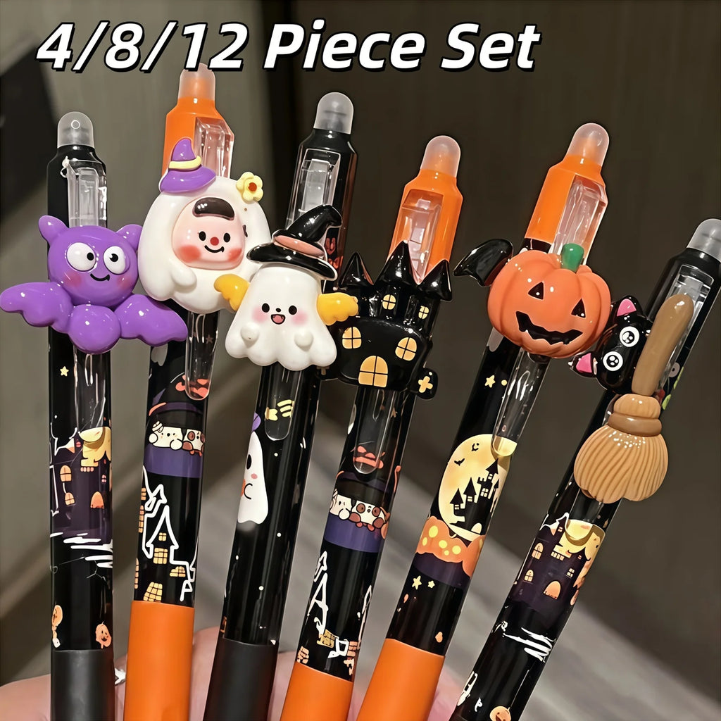 4 bolígrafos de tinta borrable de estilo oscuro para Halloween, divertidos, con decoración tridimensional, para firmar, para estudiantes, para hacer tareas escolares y practicar.