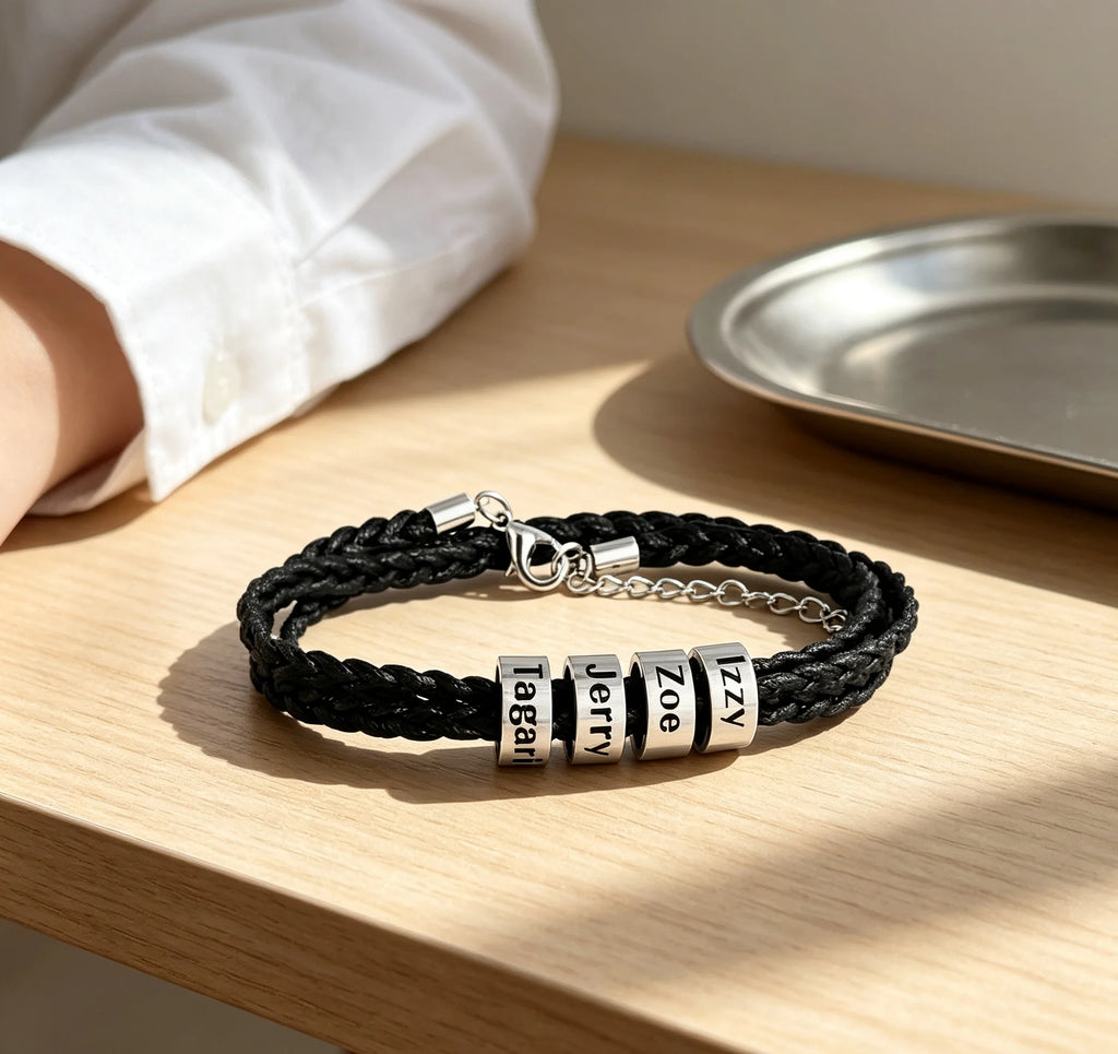 MaiLun 1 pieza Pulsera trenzada para hombre con nombres de familia personalizados, joyería personalizada, regalo para padre o novio